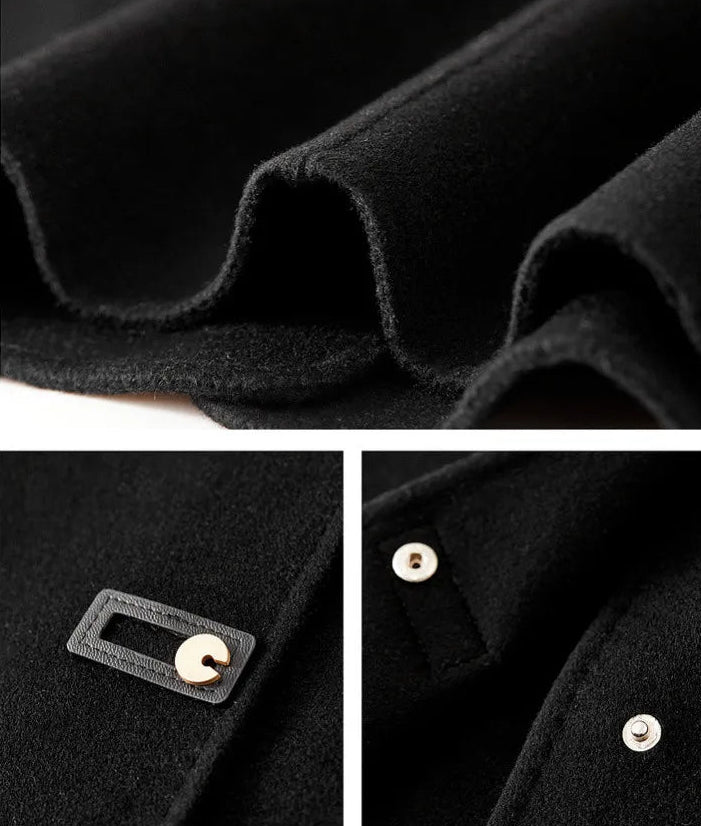 Collage showing the bottom hem, leather loop and unfastened snap on a black women's wool jacket — From Borcelleclothes.