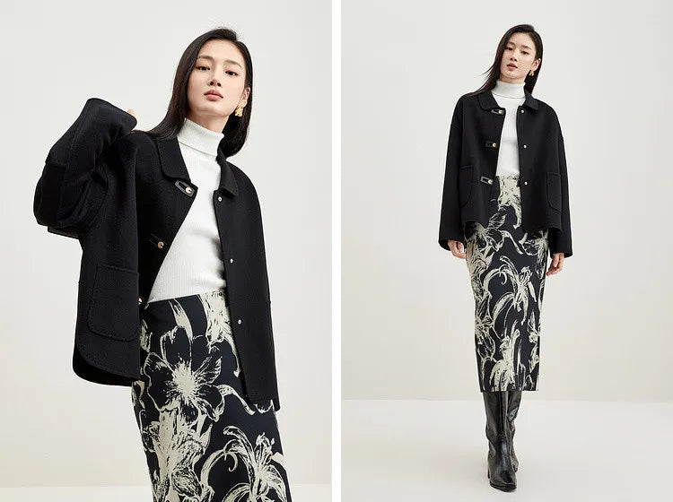 Collage of a woman walking forward in a black wool jacket with graphic loop detail — From Borcelleclothes.