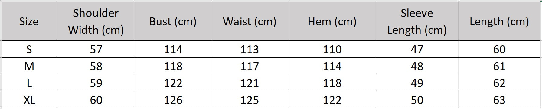 Women's size chart for a double-sided wool jacket, featuring decorative rectangular loops, golden C-shape snaps, and a softly arched side hem. — From Borcelleclothes.