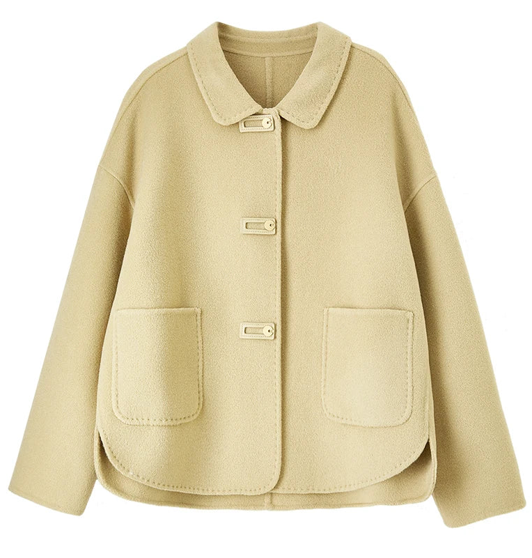 Flat front view of a women's wool jacket with graphic loop detail in Willow Catkin — From Borcelleclothes.