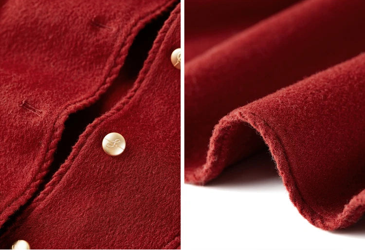 A collage focusing on the front edges and bottom hem of the Betta Crimson jacket, showcasing the uniform hand-stitched finish. — From Borcelleclothes.
