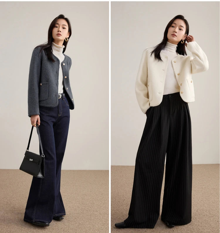 A woman presenting the contrast between the creamy Tumbled Shell and deep Perle Noir wool jackets in a composite view. — From Borcelleclothes.