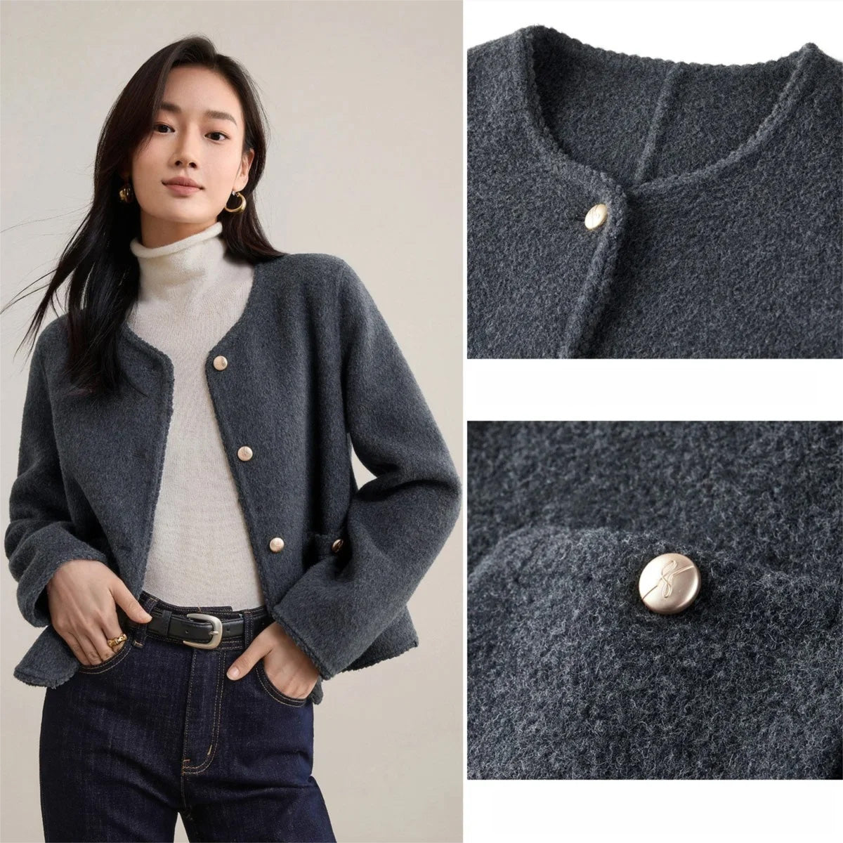 A detailed collage of a woman in a Perle Noir jacket, focusing on the round neckline and the functional side patch pockets. — From Borcelleclothes.