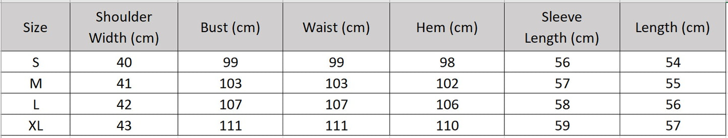 Women's size chart for a double-sided virgin wool jacket. Features include gold-tone embossed buttons, patch pockets, and hand-made Wave Stitch finishing along the edges. — From Borcelleclothes.