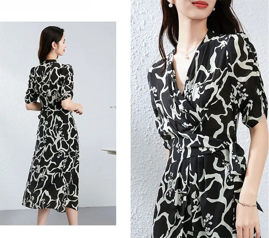 A collage showing the front and back views of the silk wrap dress. The fluid movement of the crepe de chine reveals the hidden logic of the abstract print from every angle. — From Borcelleclothes.