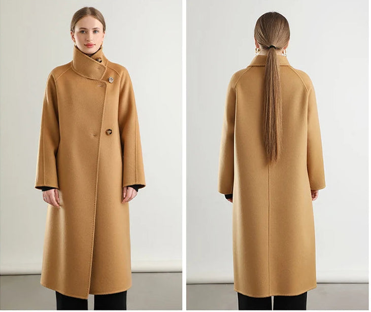The complete story of the Camel Train coat from Borcelleclothes, showcasing its reliable and sculptural form on a woman.