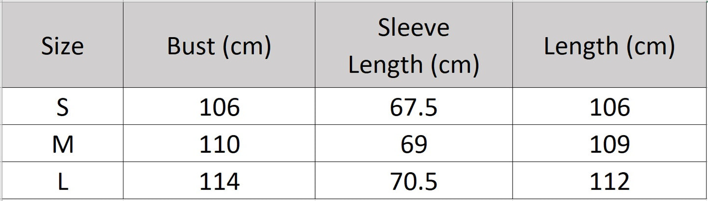 Women's size chart for a long, wrap-style double-sided wool coat, with an asymmetrical silhouette, saddle sleeves, and a high stand-up collar. — From Borcelleclothes.
