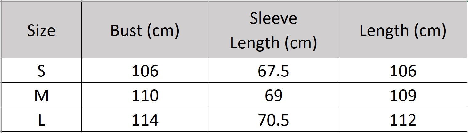 Women's size chart for a long, wrap-style double-sided wool coat, with an asymmetrical silhouette, saddle sleeves, and a high stand-up collar. — From Borcelleclothes.