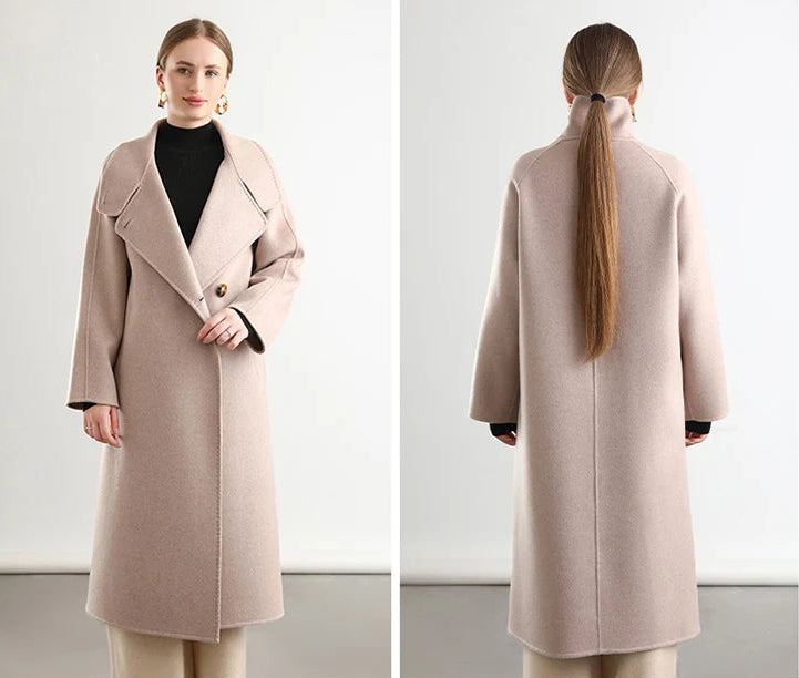 A visual study of the Sultana Spice wrap coat from Borcelleclothes, showing how the rich, matured color envelops a woman from every angle.