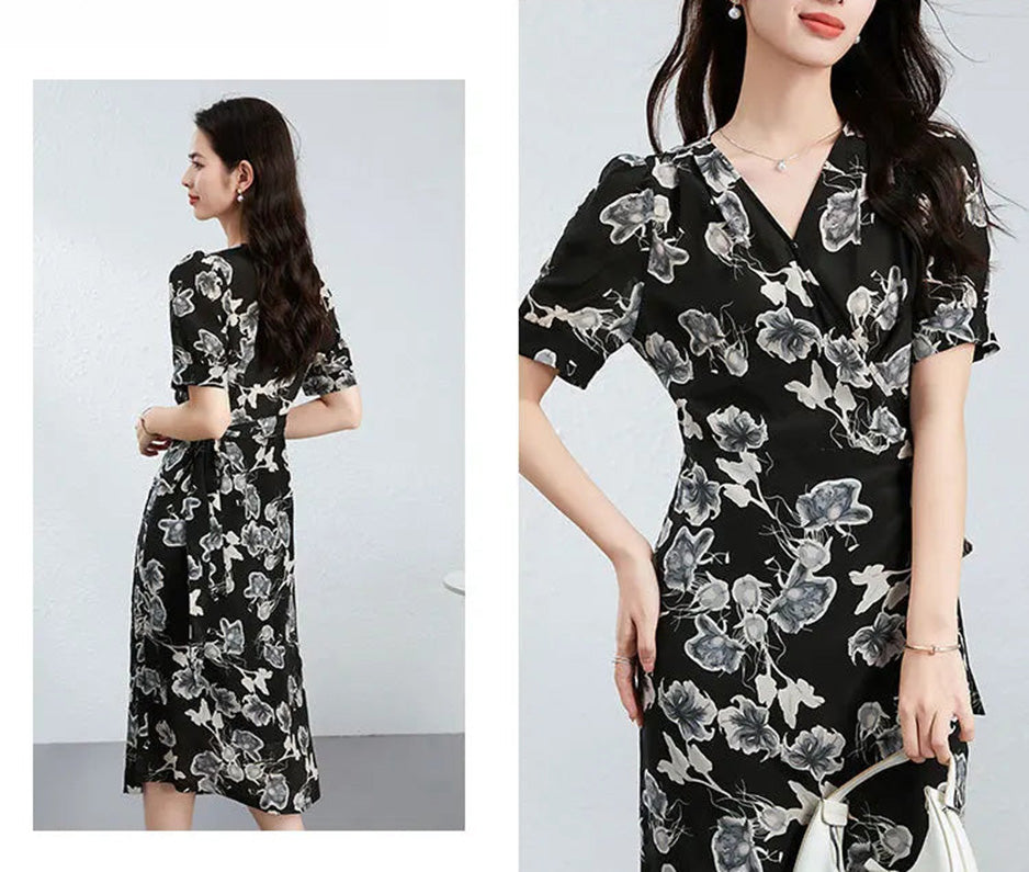 A comprehensive collage showing both the front wrap silhouette and the elegant back view of the dress — From Borcelleclothes.
