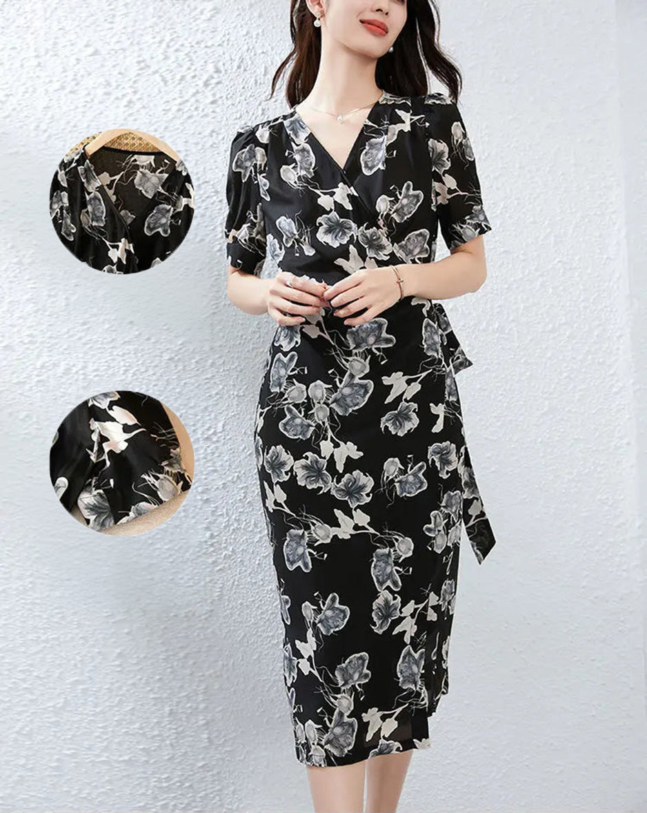 A collage featuring the delicate V-neckline, tailored banded cuffs, and the soft touch of silk — From Borcelleclothes.