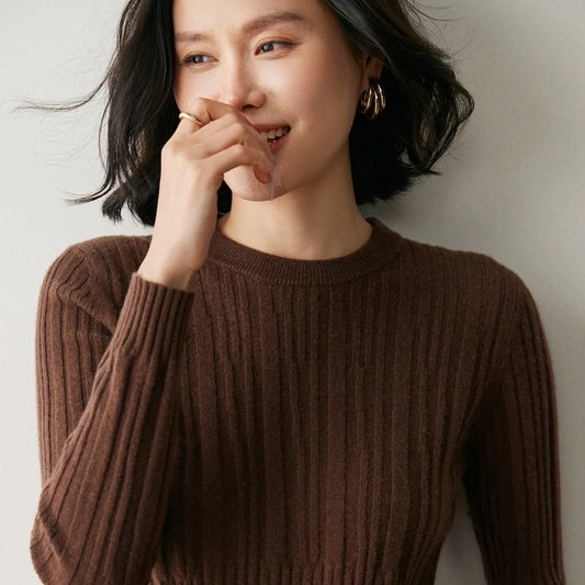 Women’s abstract-striped cashmere sweater in Café Noir, with soft vertical textures and wide ribbed waistline — From Borcelleclothes.