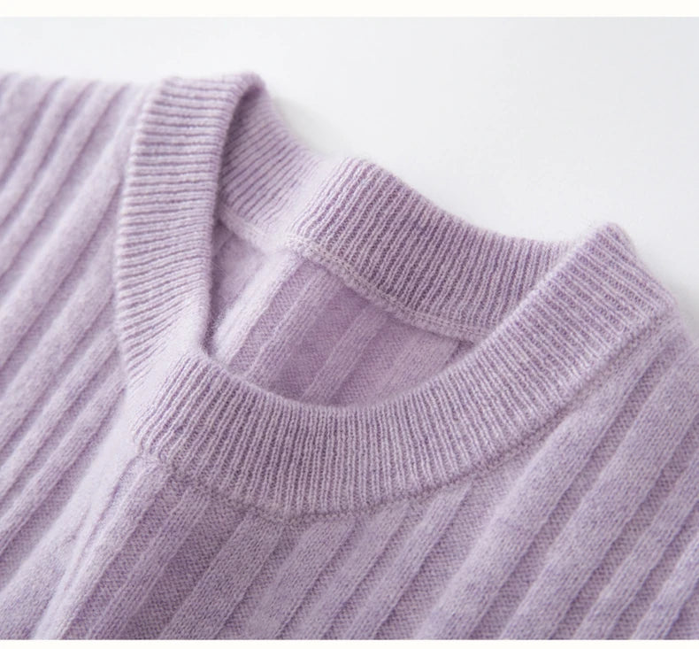 Crew neckline in 1x1 rib texture of Wisteria Purple cashmere sweater — From Borcelleclothes.