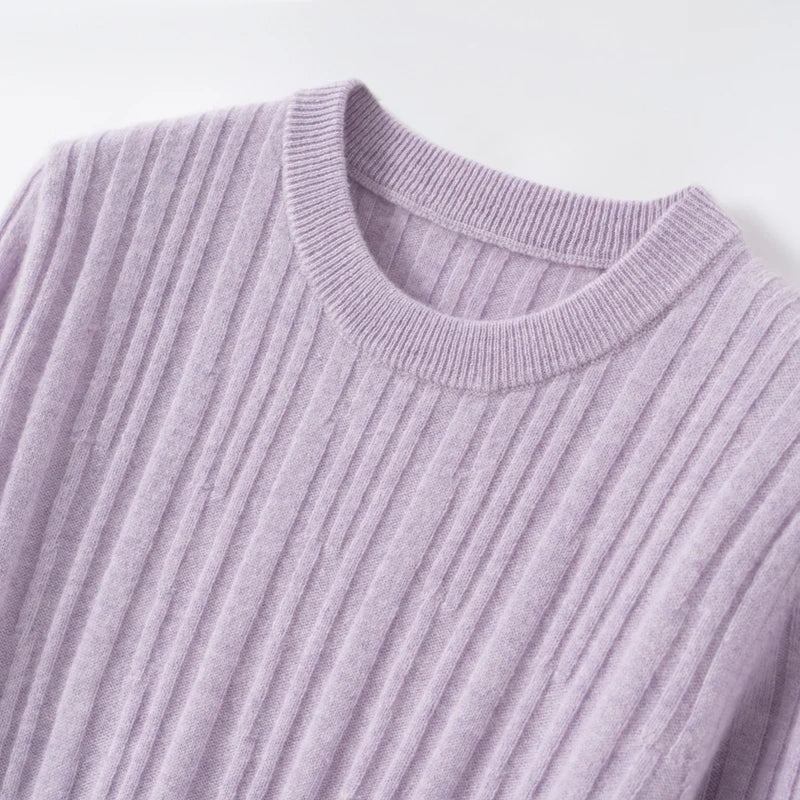 Upper section detail of abstract-striped sweater in Wisteria Purple — From Borcelleclothes.