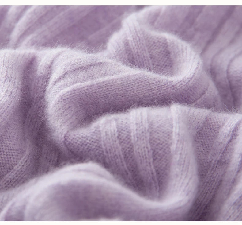 Wave-folded display of abstract-striped texture in Wisteria Purple cashmere — From Borcelleclothes.