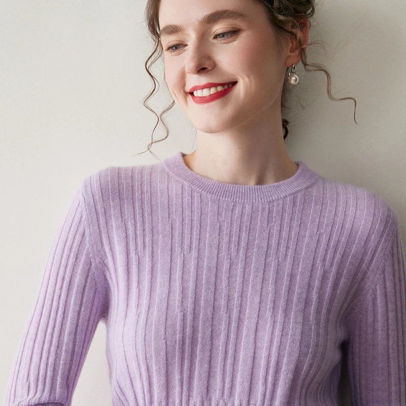 Women’s abstract-striped cashmere sweater in Wisteria Purple, with soft vertical textures and wide ribbed waistline — From Borcelleclothes.