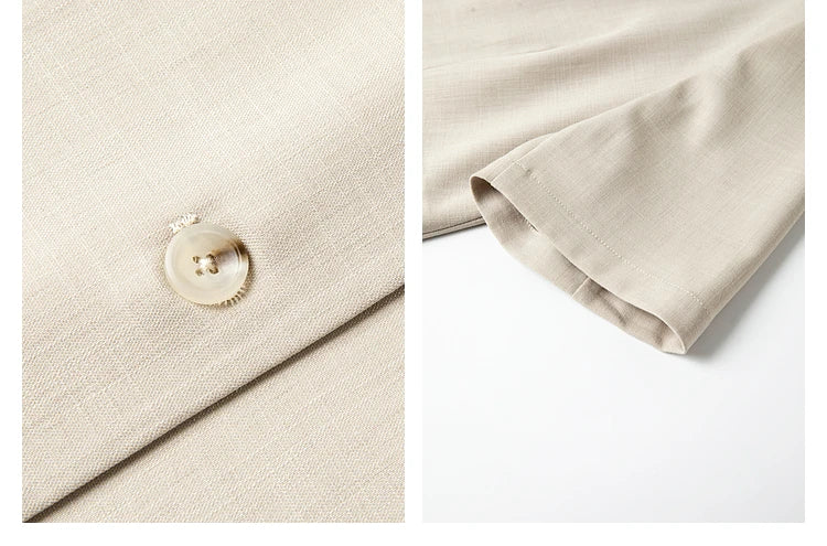 Collage highlighting the horn-style button and short sleeve cuff of the jacket. From Borcelleclothes.