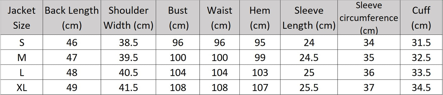 Women's size chart for a jacket of Alabaster two-piece set with a cropped short-sleeve jacket and fluid straight-leg trousers in a soft, light beige shade. Minimalist silhouette with classic tailoring details. From Borcelleclothes.