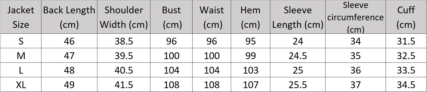 Women's size chart for a jacket of Alabaster two-piece set with a cropped short-sleeve jacket and fluid straight-leg trousers in a soft, light beige shade. Minimalist silhouette with classic tailoring details. From Borcelleclothes.