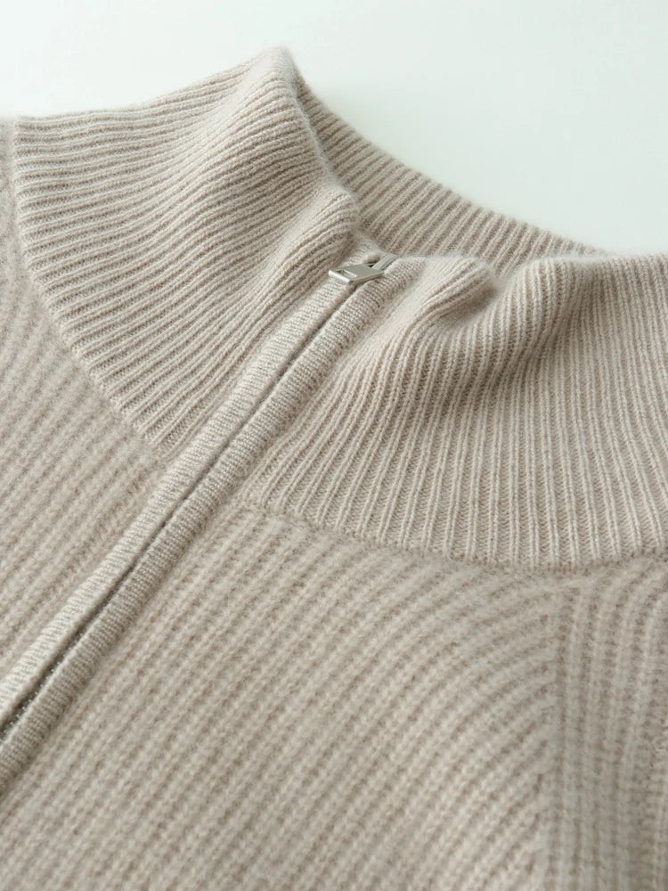 Close-up of collar on Pale Silver Alashan cashmere cardigan — From Borcelleclothes.