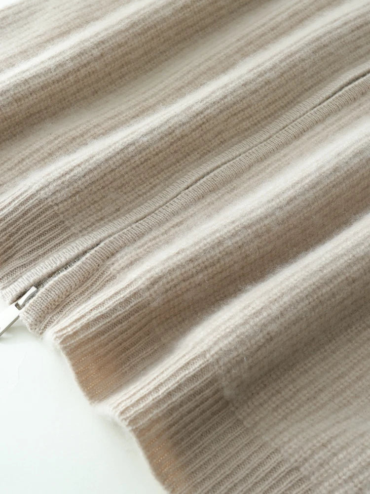Bottom hem of Pale Silver Alashan cashmere cardigan folded to show detail — From Borcelleclothes.