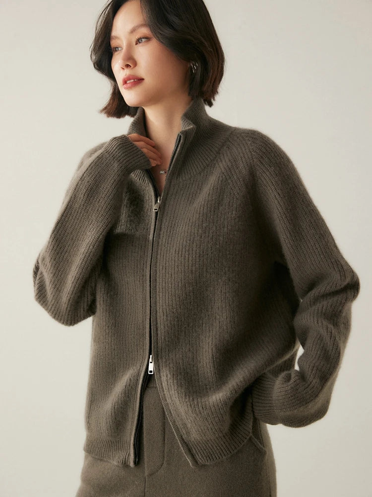 Women’s English rib cashmere cardigan in Umber with zip front and raglan sleeves — From Borcelleclothes.