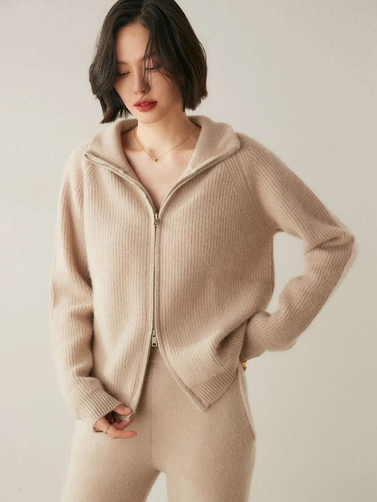 Model in Vanilla Alashan cashmere cardigan resting hand at waist — From Borcelleclothes.