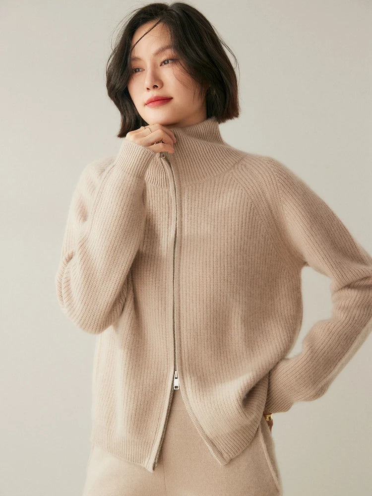 Women’s English rib cashmere cardigan in Vanilla with zip front and raglan sleeves — From Borcelleclothes.