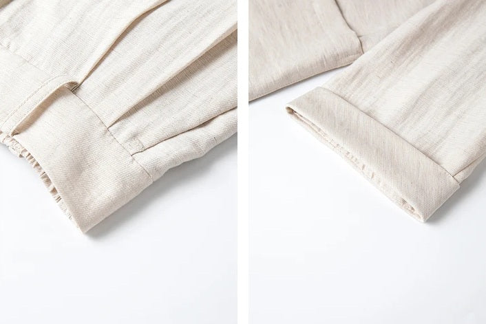 Collage of slash pocket and sleeve cuff detailing from the Bon Jour two-piece set. From Borcelleclothes.