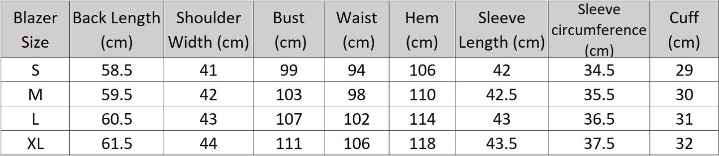 Women's size chart for a blazer of the two-piece set in an undefined neutral shade Bon Jour, featuring a relaxed silhouette and minimalist tailoring that reflect quiet urban elegance. From Borcelleclothes.