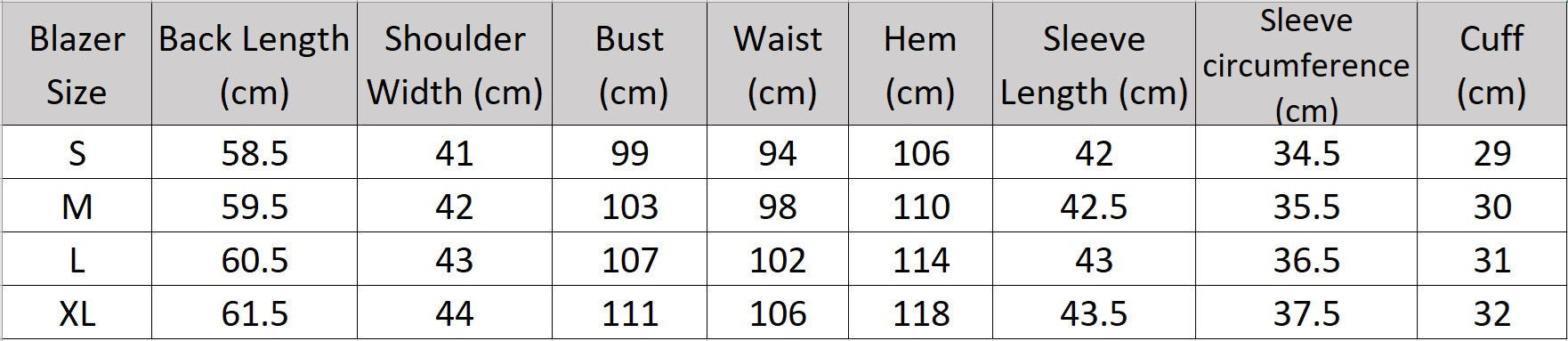Women's size chart for a blazer of the two-piece set in an undefined neutral shade Bon Jour, featuring a relaxed silhouette and minimalist tailoring that reflect quiet urban elegance. From Borcelleclothes.