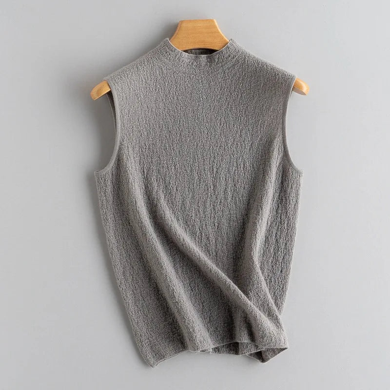 Women's Bouclé cashmere sleeveless top in a slim silhouette with mock neck, shown in Silver Sand — From Borcelleclothes.