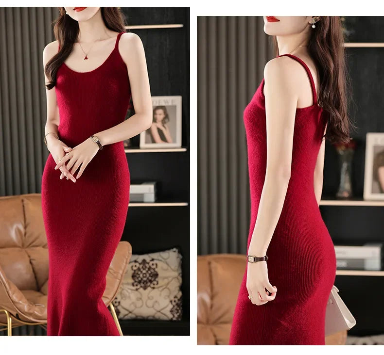 Collage combining two side views of the Claret wool camisole dress—one with the model standing in still elegance, the other with fingers gently crossed, revealing the interplay between restraint and quiet allure. From Borcelleclothes.