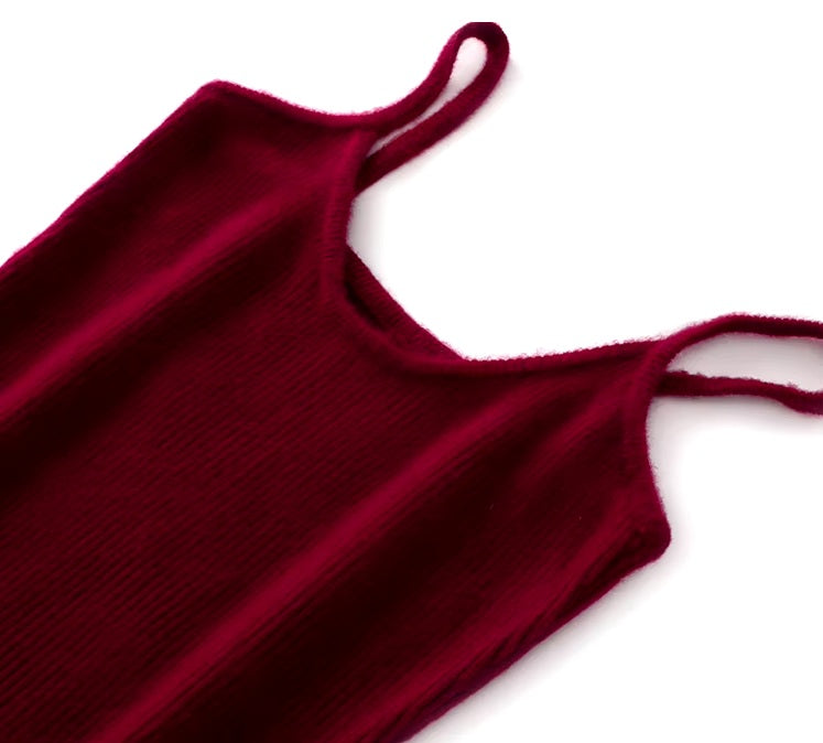 Camisole-style upper design of the Women's Camisole Australian Wool Dress in Claret, emphasizing its graceful and elegant silhouette. From Borcelleclothes.