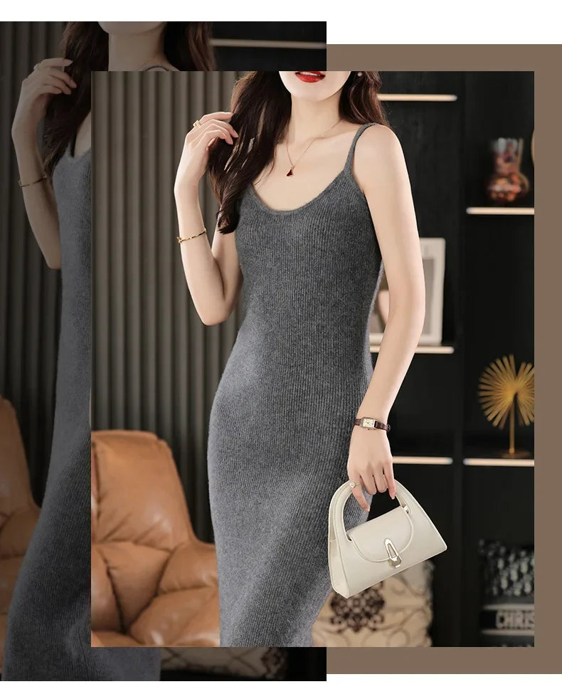 Collage of the Shuttle Grey wool camisole dress in side view—the model’s mirrored hand gesture ties both frames together in a calm and harmonious composition. From Borcelleclothes.