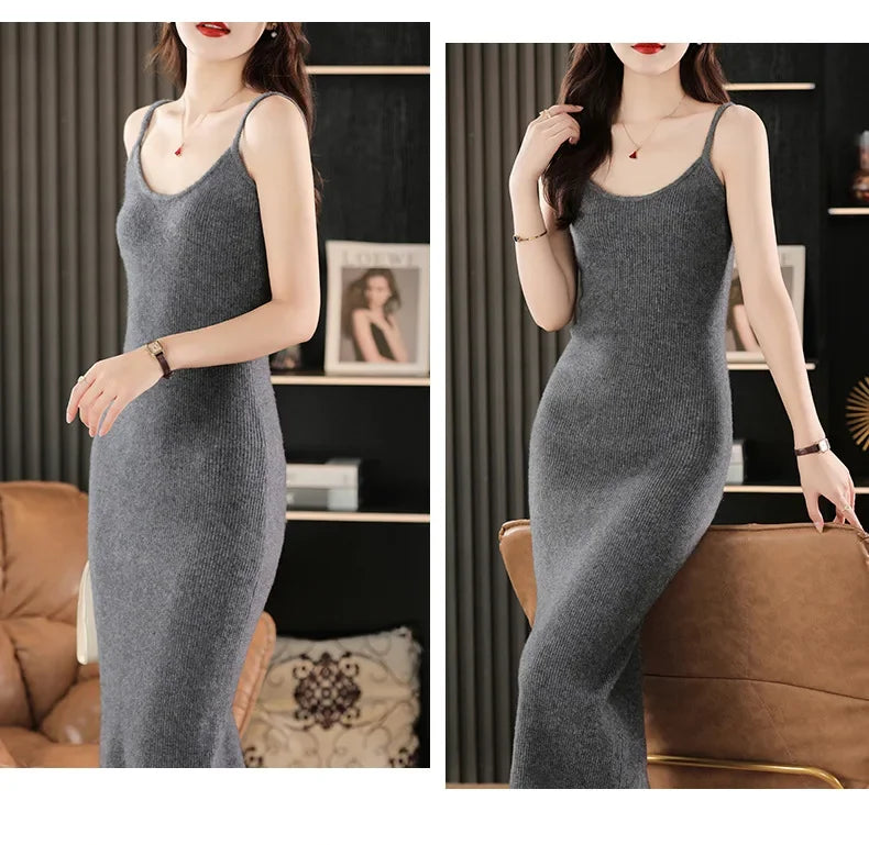 Collage featuring the Shuttle Grey wool camisole dress from softly angled perspectives—both images centered around the gesture of touch, conveying stillness and sophistication. From Borcelleclothes.