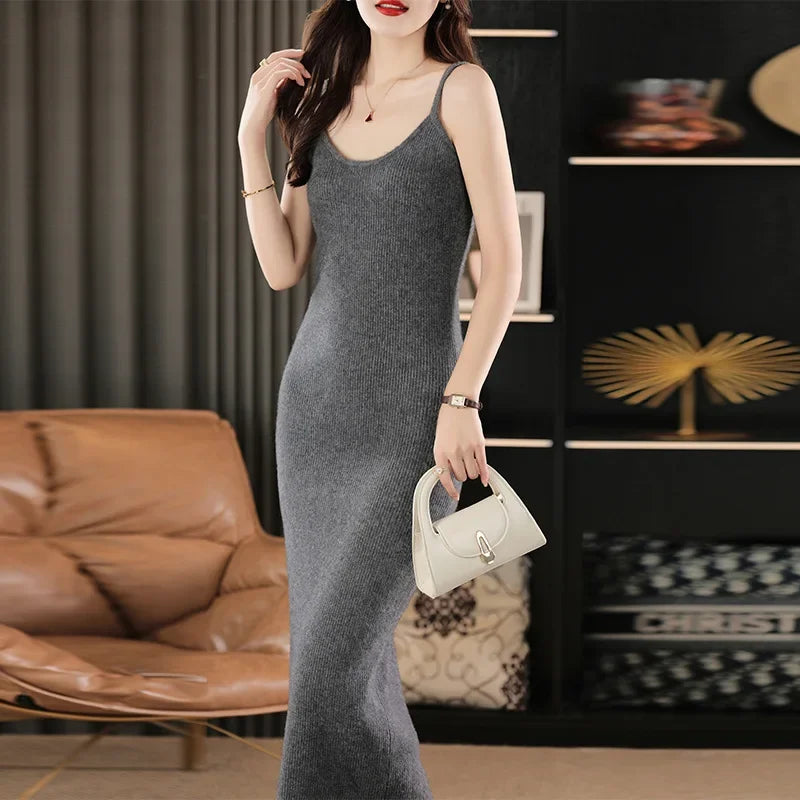 Women's ankle-length camisole dress in Shuttle Grey made of ribbed Australian wool with slender straps and a slim silhouette. From Borcelleclothes.