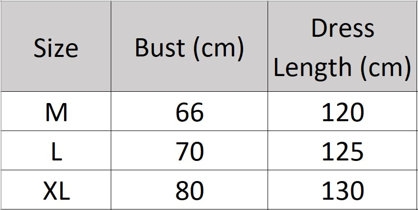 Women's size chart for a Camisole Australian Wool Dress. This elegant Australian Wool dress features a camisole-style top, ankle-length silhouette, and ribbed texture, offering a soft, structured drape for a sophisticated and versatile look. From Borcelleclothes.