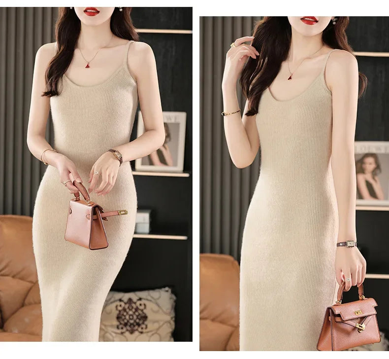 Collage of the Soft Amber wool camisole dress—one frame shows the model adjusting her hair, the other holding a small bag, together creating a composed and modern visual rhythm. From Borcelleclothes.