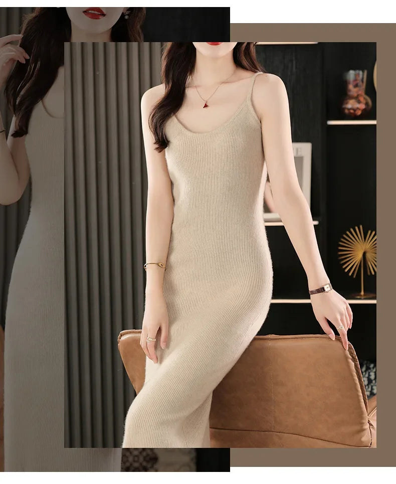 Collage presenting the Soft Amber wool camisole dress—one image with the model standing before an armchair, the other with her hand raised to her hair, blending structure and ease. From Borcelleclothes.