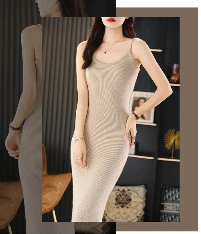 Collage featuring the Vanilla wool camisole dress from behind—one frame captures the gentle fall of the ribbed wool, the other shows the model with her hand on her hip, emphasizing posture and presence. From Borcelleclothes.