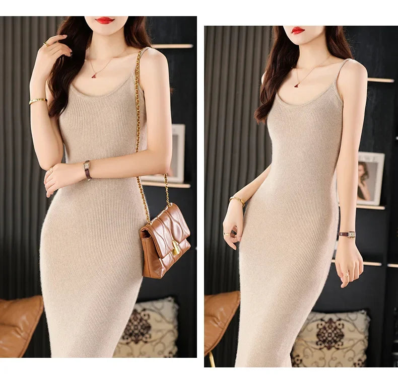 Collage of the Vanilla wool camisole dress in two angled views—subtle gestures and slight turns highlight the balance between form and softness. From Borcelleclothes.