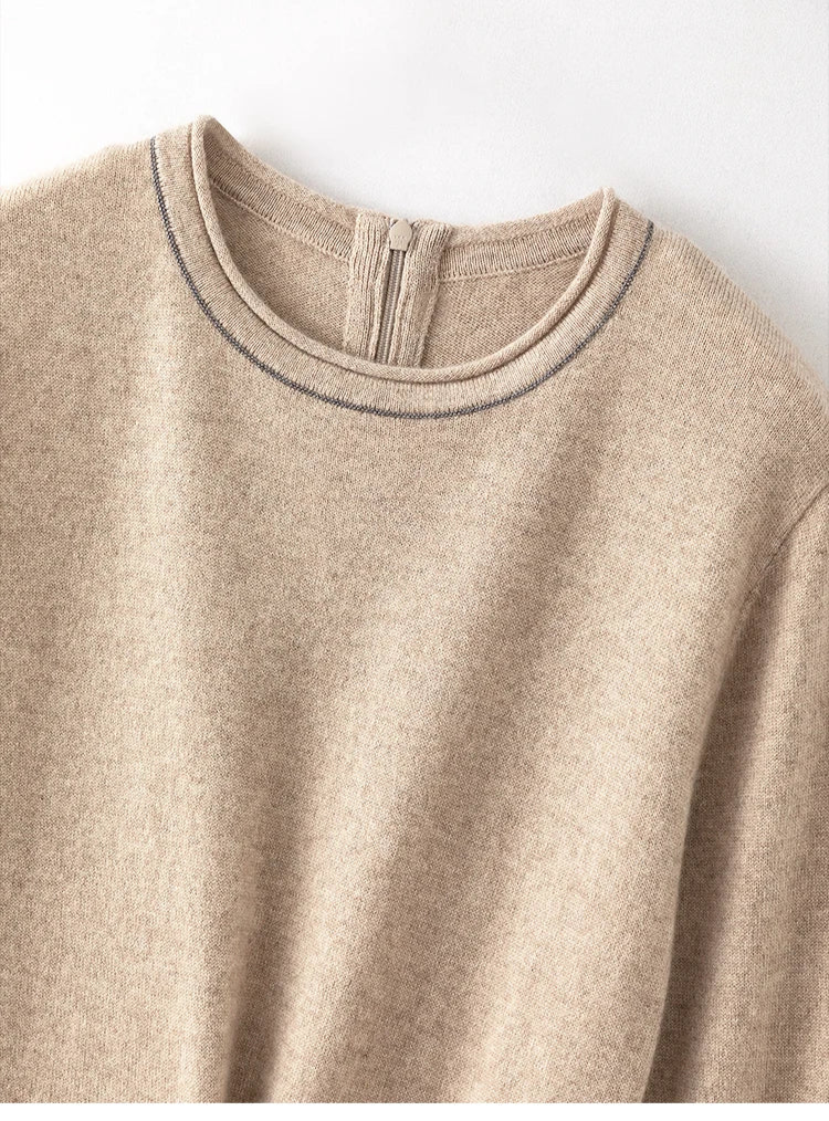 Crew neckline of Dark Vanilla cashmere blend dress with roll trim — From Borcelleclothes.