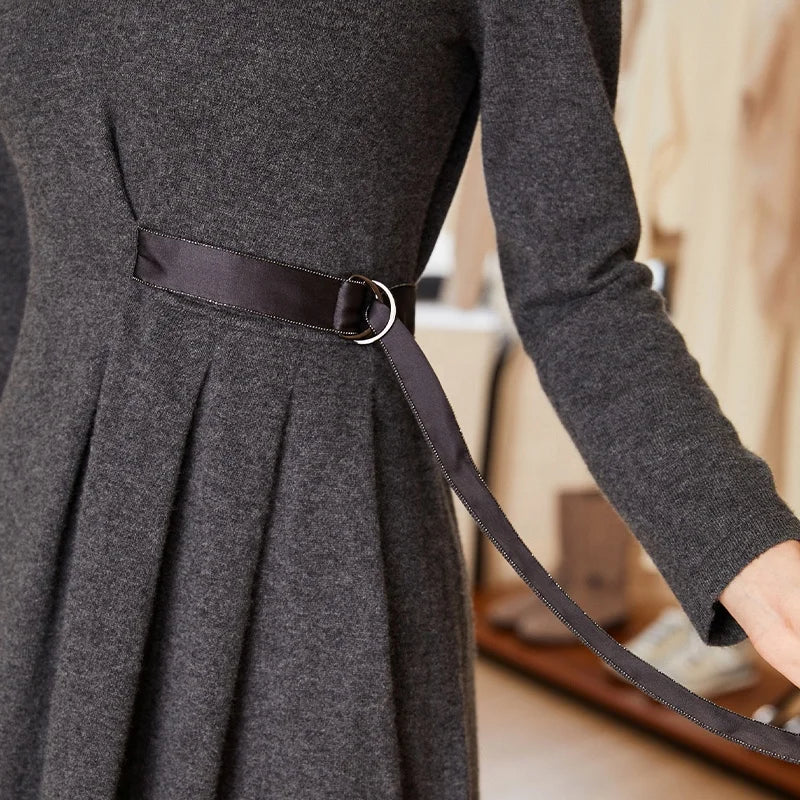 Detail of belt and pleat section in Davy Grey cashmere blend dress — From Borcelleclothes.