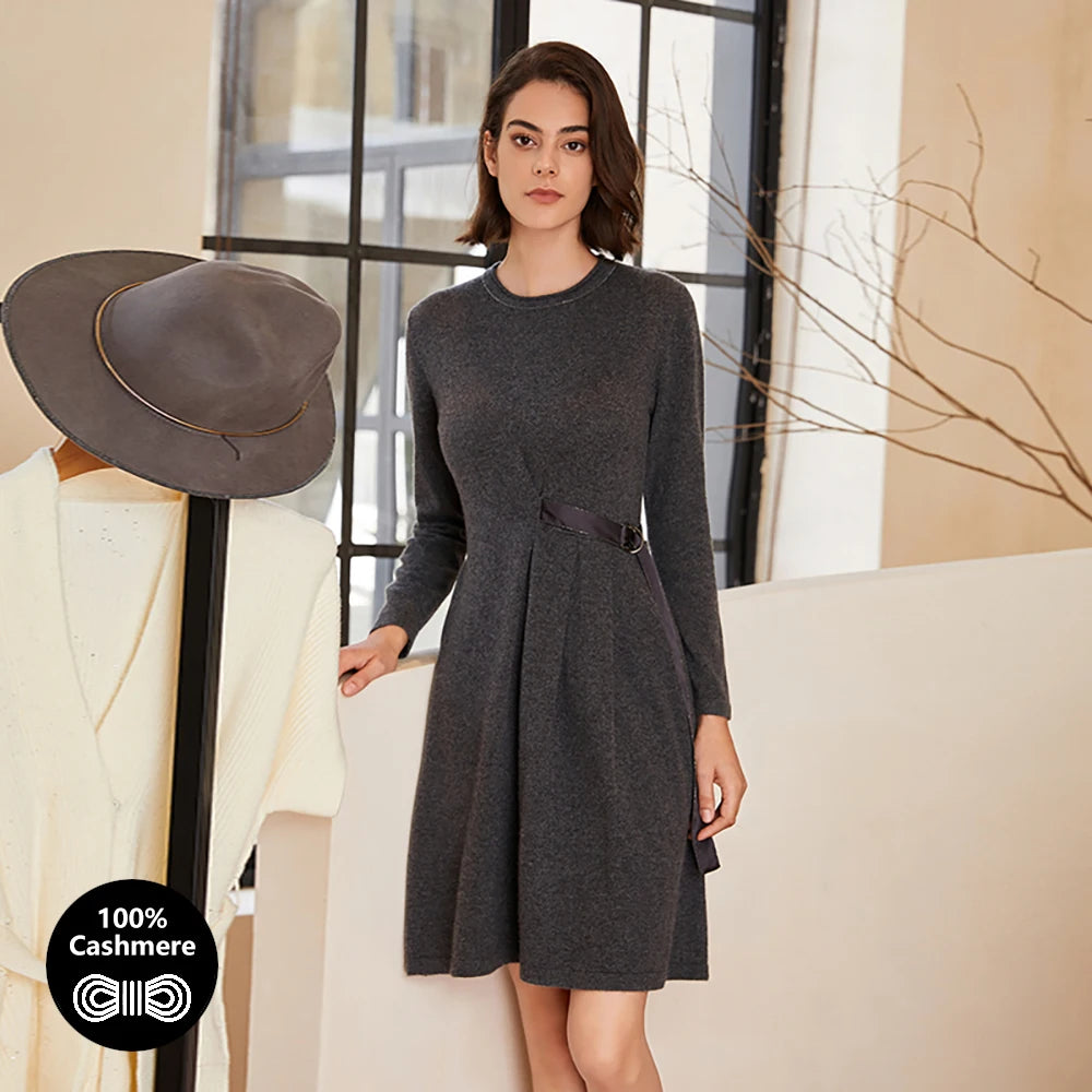 Woman in Davy Grey dress with hand resting on staircase — From Borcelleclothes.