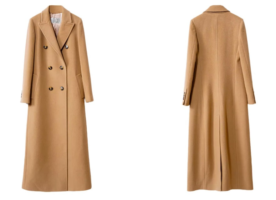 Front and back of the Women's Cashmere Blend Long Coat in Clay Brown, showcasing the oversized front and contoured princess seamings at the back. From Borcelleclothes.