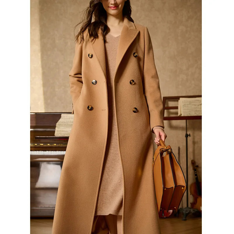 Women's Cashmere Blend Long Coat in Clay Brown, featuring a minimalist double-breasted front, princess seamings at the back, and a center back vent, crafted from a luxurious blend of Mongolian cashmere and high-count wool for modern elegance and comfort.  From Borcelleclothes. 
