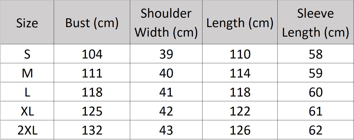 Women's size chart for a Cashmere Blend Long Coat, featuring a minimalist double-breasted front, princess seamings at the back, and a center back vent, crafted from a luxurious blend of Mongolian cashmere and high-count wool for modern elegance and comfort.  From Borcelleclothes.  