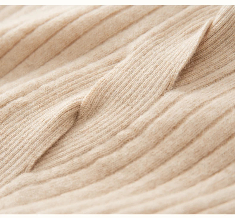 Braided placket section of women’s cashmere rib sweater in Pale Taupe — From Borcelleclothes.