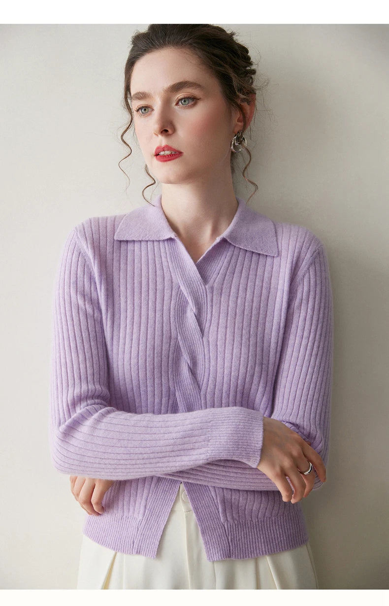 Model with crossed arms in women’s cashmere rib sweater in Wisteria Purple — From Borcelleclothes.